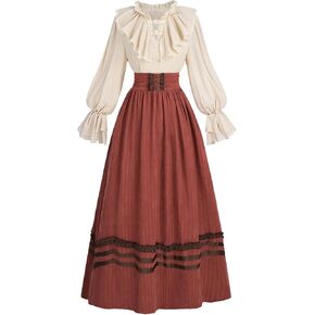 FCCAM 1800s Victorian Dress for Women 2-Piece Classic Edwardian Dress Ruffle Renaissance Dress Costume