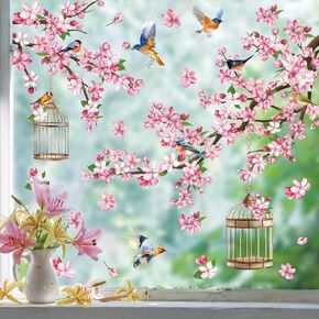 9 Sheets Spring Cherry Blossom Window Cling Stickers Pink Flower Branch Bird Window Decals Watercolor Floral Reusable Window Decoration for Party Home Classroom