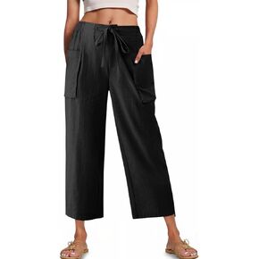 Cicy Bell Womens Wide Leg Cropped Pants Cotton Loose Drawstring Smocked Waist Beach Harem Pants with Pockets