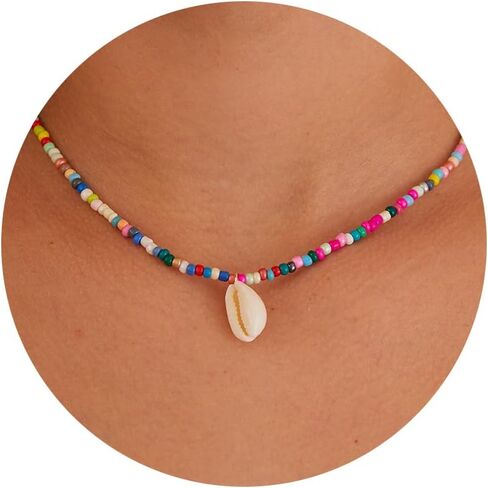 Gold Necklace for Women-Colorful Beaded Necklaces 14K Gold Plated Bohemian Choker Shell, Starfish, Palm Tree, Conch Shell Beachy Jewelry for Women Gifts in Saudi Arabia