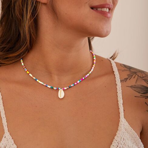 Gold Necklace for Women-Colorful Beaded Necklaces 14K Gold Plated Bohemian Choker Shell, Starfish, Palm Tree, Conch Shell Beachy Jewelry for Women Gifts in Saudi Arabia