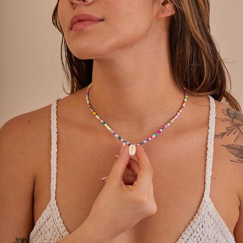 Gold Necklace for Women-Colorful Beaded Necklaces 14K Gold Plated Bohemian Choker Shell, Starfish, Palm Tree, Conch Shell Beachy Jewelry for Women Gifts in Saudi Arabia