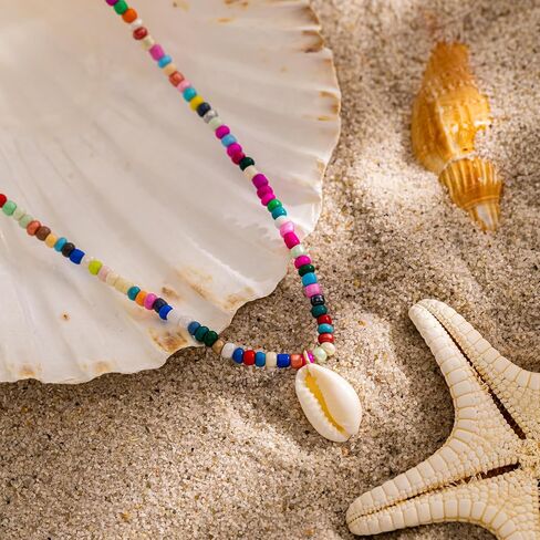 Gold Necklace for Women-Colorful Beaded Necklaces 14K Gold Plated Bohemian Choker Shell, Starfish, Palm Tree, Conch Shell Beachy Jewelry for Women Gifts in Saudi Arabia