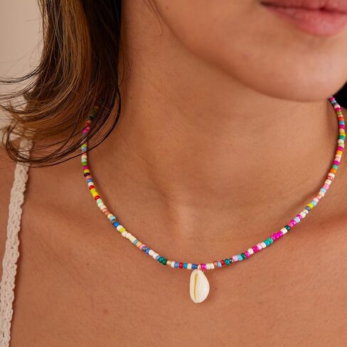Gold Necklace for Women-Colorful Beaded Necklaces 14K Gold Plated Bohemian Choker Shell, Starfish, Palm Tree, Conch Shell Beachy Jewelry for Women Gifts in Saudi Arabia