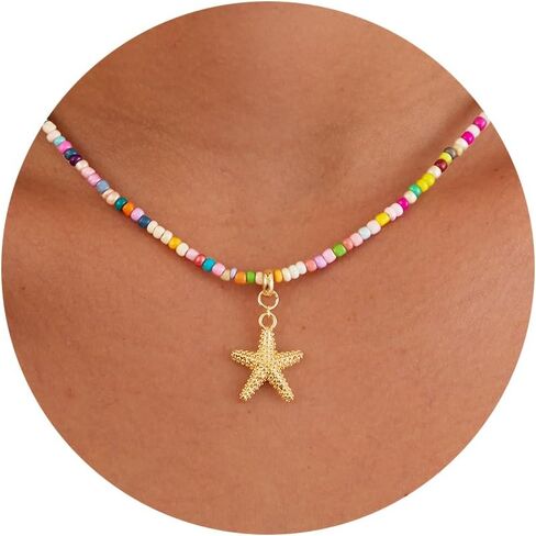 Gold Necklace for Women-Colorful Beaded Necklaces 14K Gold Plated Bohemian Choker Shell, Starfish, Palm Tree, Conch Shell Beachy Jewelry for Women Gifts in Saudi Arabia