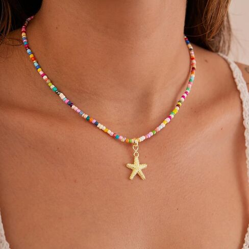 Gold Necklace for Women-Colorful Beaded Necklaces 14K Gold Plated Bohemian Choker Shell, Starfish, Palm Tree, Conch Shell Beachy Jewelry for Women Gifts in Saudi Arabia