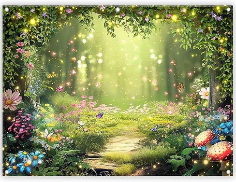 7x5ft Enchanted Forest Photography Backdrop Fairy Garden Banner | Fairytale Magic Wonderland Flowers Princess Background, Kids Girls Party Decoration, Spring Photo Props, Polyester Fabric in Saudi Arabia
