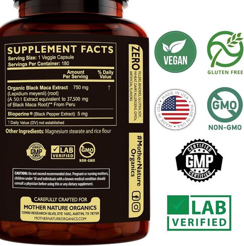 Mother Nature 37،500mg 50x قوة عضوية شديدة التركيز بيرو كبسولات جذر ماكا للرجال 100 ٪ مكة بيروانا نقية 50: 1 مستخلص لزيادة القدرة على التحمل ، enegy ، كسب العضلات - 180CT in Kuwait