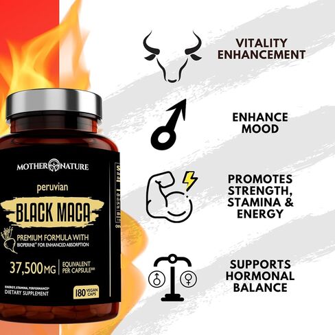 Mother Nature 37،500mg 50x قوة عضوية شديدة التركيز بيرو كبسولات جذر ماكا للرجال 100 ٪ مكة بيروانا نقية 50: 1 مستخلص لزيادة القدرة على التحمل ، enegy ، كسب العضلات - 180CT in Kuwait