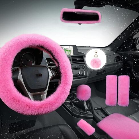 8 Pieces Fluffy Steering Wheel Cover Set, LUOYOYY Cute Fur Car Accessories Winter-Warm Furry Steering Wheel Cover Fashion Universal Fuzzy Car Accessories Sets for Women Girls (Pink) in Kuwait