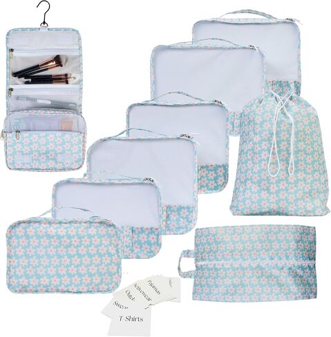 9 Piece Set Packing Cubes - Suitcase Organizer, Cute Packing Cubes, Travel Bag Organizer Luggage, Toiletry & Makeup Bag, Gifts for Women, Teachers and Gradutes -Blue Daisy in Saudi Arabia