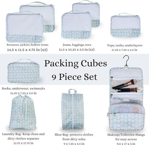 9 Piece Set Packing Cubes - Suitcase Organizer, Cute Packing Cubes, Travel Bag Organizer Luggage, Toiletry & Makeup Bag, Gifts for Women, Teachers and Gradutes -Blue Daisy in Saudi Arabia
