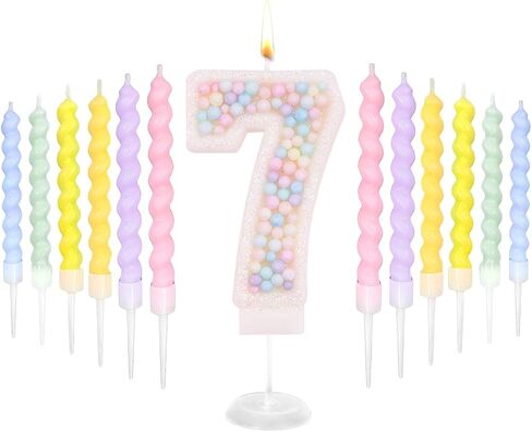 Birthday Candles, Number 7 Candles for Cake with 12 Pcs Rainbow Pearl Candles, 3D Macaron Glitter Cake Topper Decoration for Birthday, Anniversary, Wedding, Theme Party (Macaron Glitter, Number 7) in Saudi Arabia