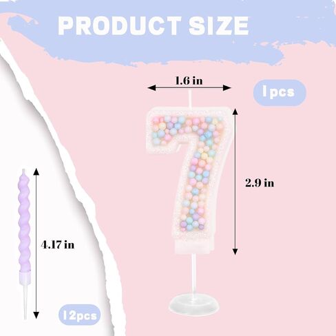 Birthday Candles, Number 7 Candles for Cake with 12 Pcs Rainbow Pearl Candles, 3D Macaron Glitter Cake Topper Decoration for Birthday, Anniversary, Wedding, Theme Party (Macaron Glitter, Number 7) in Saudi Arabia