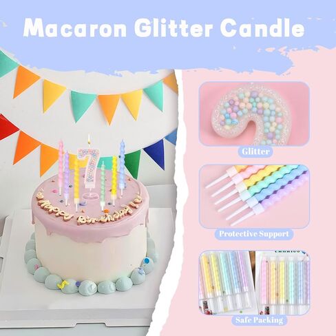 Birthday Candles, Number 7 Candles for Cake with 12 Pcs Rainbow Pearl Candles, 3D Macaron Glitter Cake Topper Decoration for Birthday, Anniversary, Wedding, Theme Party (Macaron Glitter, Number 7) in Saudi Arabia