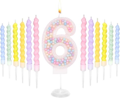 Birthday Candles, Number 7 Candles for Cake with 12 Pcs Rainbow Pearl Candles, 3D Macaron Glitter Cake Topper Decoration for Birthday, Anniversary, Wedding, Theme Party (Macaron Glitter, Number 7) in Saudi Arabia