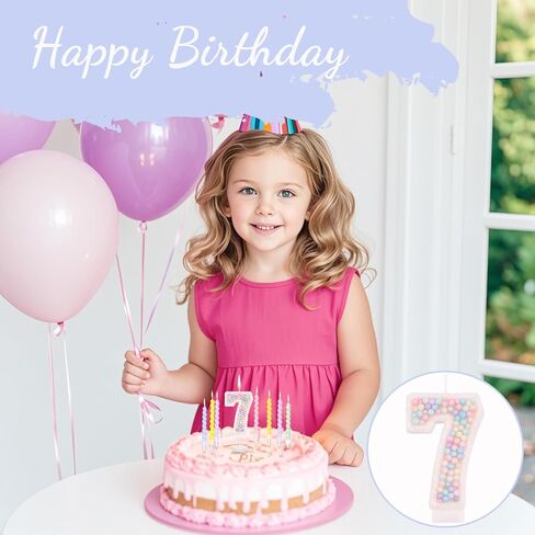 Birthday Candles, Number 7 Candles for Cake with 12 Pcs Rainbow Pearl Candles, 3D Macaron Glitter Cake Topper Decoration for Birthday, Anniversary, Wedding, Theme Party (Macaron Glitter, Number 7) in Saudi Arabia