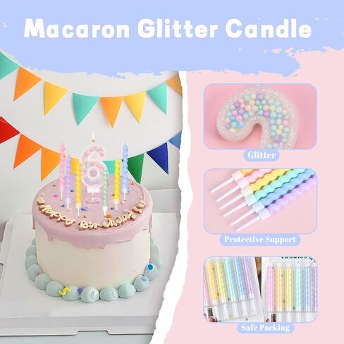 Birthday Candles, Number 7 Candles for Cake with 12 Pcs Rainbow Pearl Candles, 3D Macaron Glitter Cake Topper Decoration for Birthday, Anniversary, Wedding, Theme Party (Macaron Glitter, Number 7) in Saudi Arabia