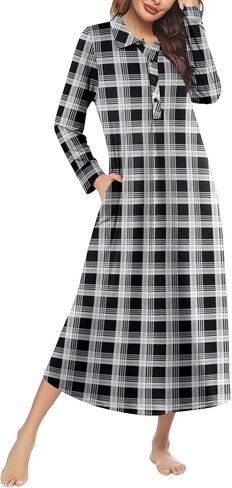 Ekouaer Nightgowns for Women Long Sleeve Sleepshirt Button Nightshirt Plaid Full Length Sleepwear with Pockets S-XXXL in Saudi Arabia