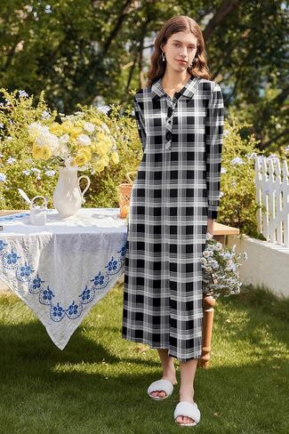 Ekouaer Nightgowns for Women Long Sleeve Sleepshirt Button Nightshirt Plaid Full Length Sleepwear with Pockets S-XXXL in Saudi Arabia