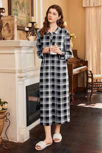 Ekouaer Nightgowns for Women Long Sleeve Sleepshirt Button Nightshirt Plaid Full Length Sleepwear with Pockets S-XXXL in Saudi Arabia