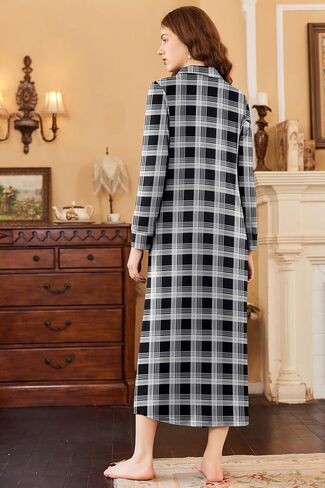 Ekouaer Nightgowns for Women Long Sleeve Sleepshirt Button Nightshirt Plaid Full Length Sleepwear with Pockets S-XXXL in Saudi Arabia