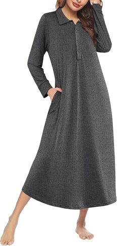 Ekouaer Nightgowns for Women Long Sleeve Sleepshirt Button Nightshirt Plaid Full Length Sleepwear with Pockets S-XXXL in Kuwait