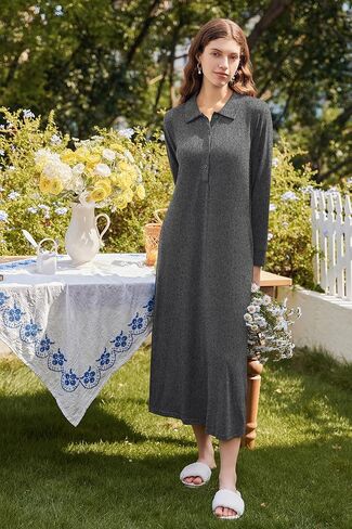 Ekouaer Nightgowns for Women Long Sleeve Sleepshirt Button Nightshirt Plaid Full Length Sleepwear with Pockets S-XXXL in Kuwait