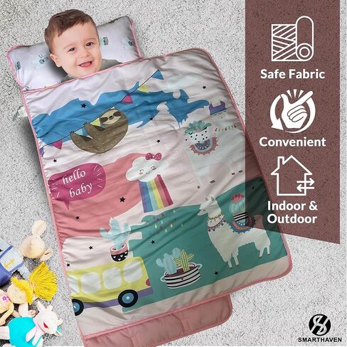 Toddler Nap Mat Set with Removable Pillow - Ultra Soft Slumber Nap Mats for Preschool, Roll-Up Toddler Sleeping Bag for Preschool & Daycare - 50"x20" Cozy and Portable (Many Cars) in Kuwait