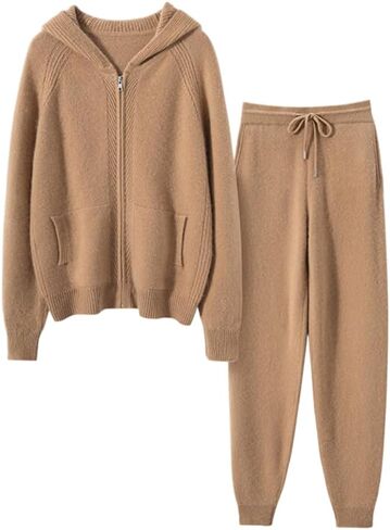 Women's Cashmere and Wool Blend Casual Knit Long Sleeve Thickening Type Hoodie Sweater and Pants Set, 2 Pieces, in Saudi Arabia