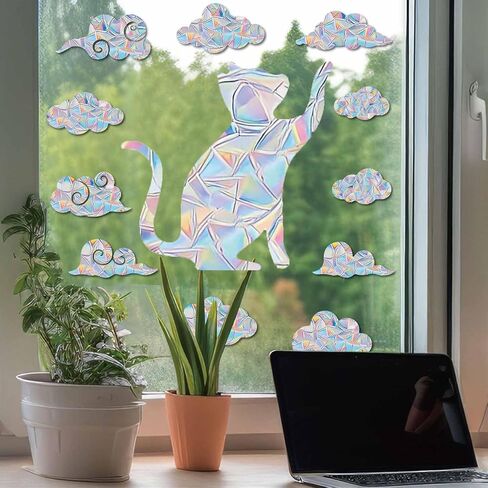 28 Pieces Rainbow Cloud Window Clings, Cat Starry Sky and Clouds Rainbow Window Film, Bird Windows Strike Prevention for Home Decor Glass Suncatcher Sticker, No Glue Required (Cat Stars and Clouds) in Saudi Arabia