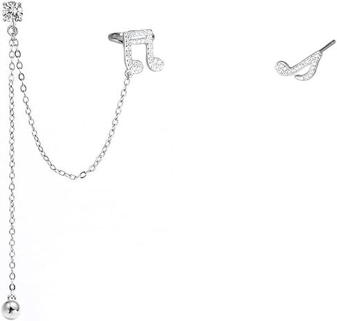 Asymmetrical Music Note Stud Earrings for Women Girls Sterling Silver 925 Dainty CZ Rhinestone Crystal Threader Tassel Chain Drop Earring Dangling Ball Charm Studs Cartilage Cuffs Wrap Ear Jewelry Gifts BFF in Kuwait