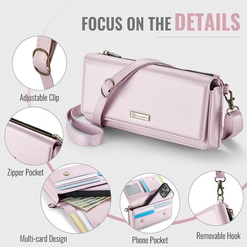 CaseMe Women Wallet RFID Blocking Multi Card Slots with Zipper Pocket Detachable Wristlet & Shoulder Strap in Saudi Arabia
