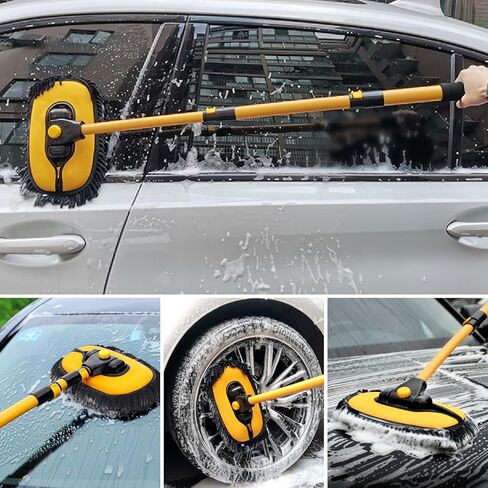 Car Wash Brush with Long Handle, 15°Curved Car Cleaning Brush with Replaceable Head Cover, Truck Washing Brushwith Telescopic Handle Wash Mop Kit 5PCS in Kuwait