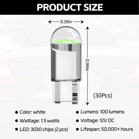 30pcs 194 مصابيح LED LED Car ، T10 LIGHT LITIORY LIGHT PLUSTION ، ERRER FREE 168 2825 W5W WEDGE COB LED ، Universal for Car Dome Map Door Light Light (White) in Saudi Arabia