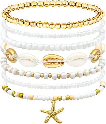 شل الصيف أساور الشاطئ للنساء أساور صدف بوهو الطبقات مطرز أساور مجموعة أساور نجم البحر اليدوية تمتد أساور الصيف الشاطئ مجوهرات اكسسوارات الهدايا in Kuwait