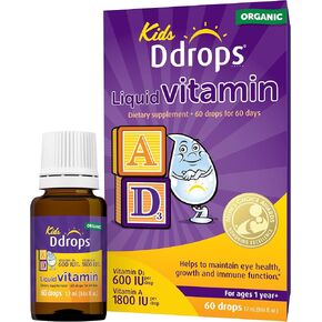 Ddrops® Kids Organic Liquid Vitamins – Daily Vitamins A&D Drops for Kids, 60 Drops. Supports Eye Health, Bone Development and Immune Function. Certified Organic, Non-GMOs, Allergy-Friendly