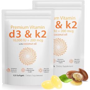 D3 K2 Vitamin 10000 IU - 240 Virgin Coconut Oil Softgels, 2 in 1 Vitamin D & K Complex Supplement Softgel - Immune Support and Calcium Absorption, Bone and Heart Health (240 Count (Pack of 2))