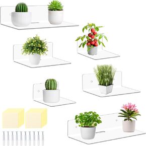 Pinkunn 6 Pack 4'' 6'' 9'' Clear Acrylic Floating Shelves for Wall with Adhesive or Screw Small Wall Shelves for Storage Decoration