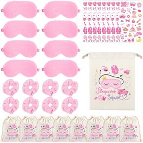 Sleepover Party Supplies for Girls - Soft Pink Velvet Eye Mask Scrunchies Slippers for Women, Temporary Tattoos Sleeping Stuff Accessories for Slumber Spa Party