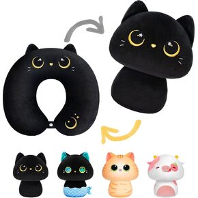 Kids Travel Pillow, 2-in-1 Black Cat Neck Pillow for Kids & Toddlers, Plush Travel Pillow for Airplane, Car, Train, Convertible Stuffed Animal Travel Essentials