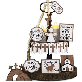 Amyhill 17 Pcs He is Risen Easter Tiered Tray Decor Farmhouse Jesus Tomb Tray Decor Farmhouse Christian Religious Easter Wooden Sign Decorations for Home Indoor Rustic Decorations