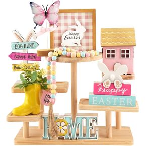 Spring Decorations, 8 Pieces Easter Spring Tiered Tray Decor, Home Office Table Shelf Decor Gifts, Tray Objects Decoration Bundle Bunny Bead Garland Wood Plaques Signs Decorative Ornament Set