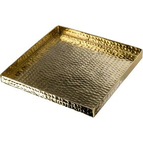 MyGift 11 Inch Square Deluxe Decorative Display Dish Tray Centerpiece Base, Brass Tone Plated Hammered Aluminum Serving Platter or Vanity Tray - Handcrafted in India