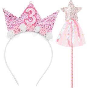 3rd Birthday Decorations for Girls Birthday Headband Crown & Glitter Princess Star Wands Hair Accessory Set for Birthday Party Outfit