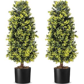 Jexine 2 PCS Topiary Trees مصطنعة في الهواء الطلق ، 2.5 قدم من خشب البقس الاصطناعي توبيري شجرة مع وعاء أسود ومحاكاة طحلب نباتات خشب البوس