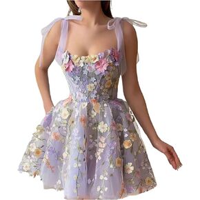 ebossy Women's 3D Floral Tie Strap Tulle Prom Dresses 2024 Summer Fairy Embroidery Lace Applique Party Mini Princess Dress