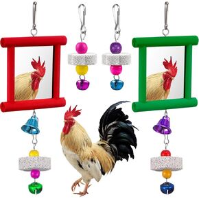 Sumind 2 Pieces Chicken Mirror Toys Hanging Swing Mirror Toys with Bell Wooden Pecking Toy and 4 Pieces Beak Grinding Molar Stones for Hens Birds Parrots(Rose Red, Yellow)