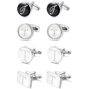 LOYALLOOK 4Pairs Men's Initial Letter T Shirts Cufflinks Engraved Shirt Cufflink Alphabet Set Fashion Dazzle Tuxedo Cufflinks Business Wedding Father's DayGift
