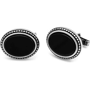 Men's Large Sterling Silver Cufflinks with Oval Shape Onyx Gemstone